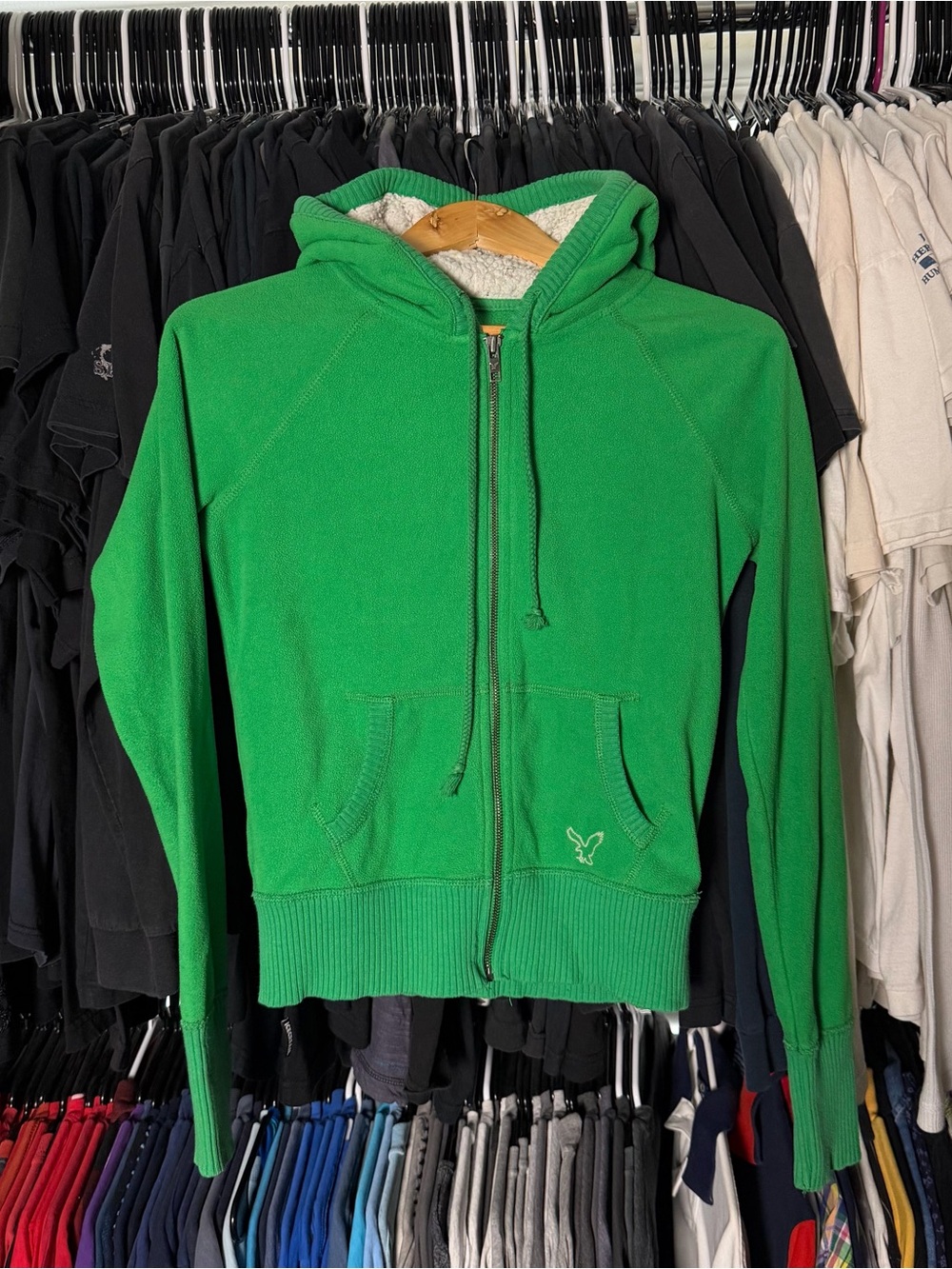 Vintage American Eagle Sherpa Hood Fleece Hoodie Womens Small Green Y2K 00s Chic